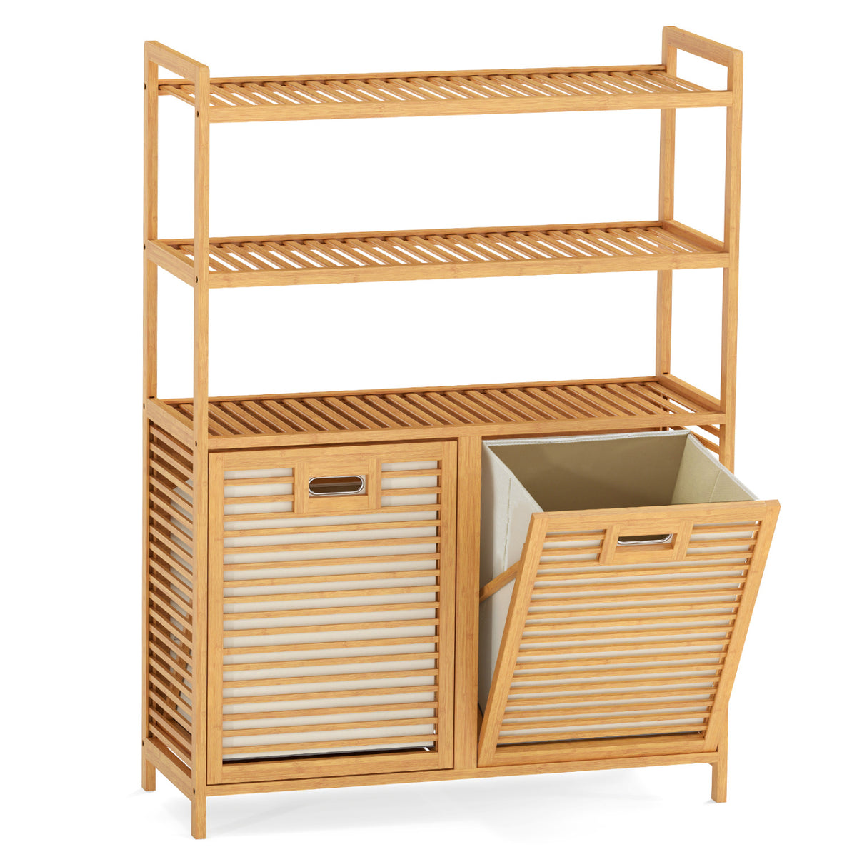 Double Tilt Out Laundry Hamper with 3 Shelves - Natural