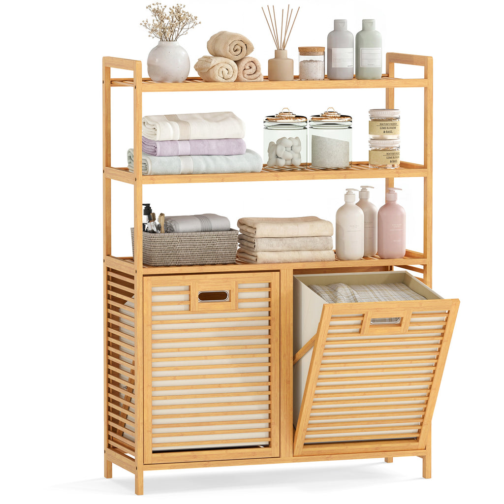 Double Tilt Out Laundry Hamper with 3 Shelves - Natural