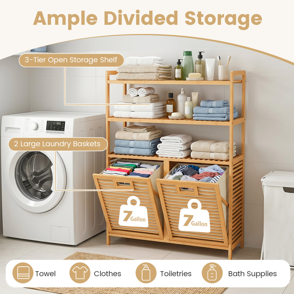 Double Tilt Out Laundry Hamper with 3 Shelves - Natural