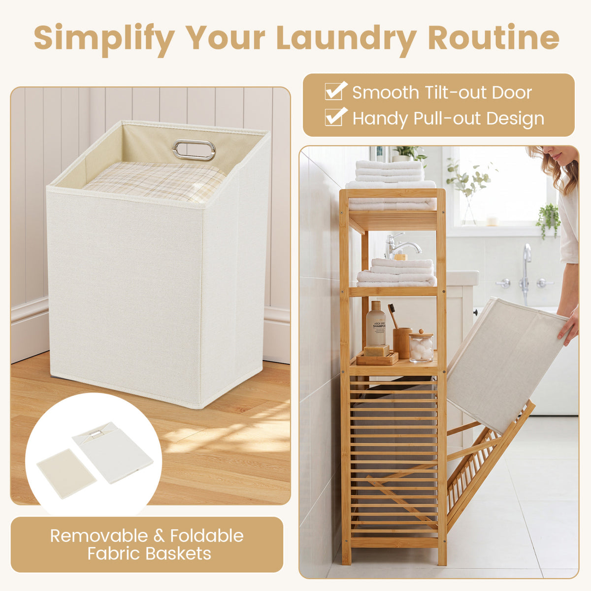 Double Tilt Out Laundry Hamper with 3 Shelves - Natural
