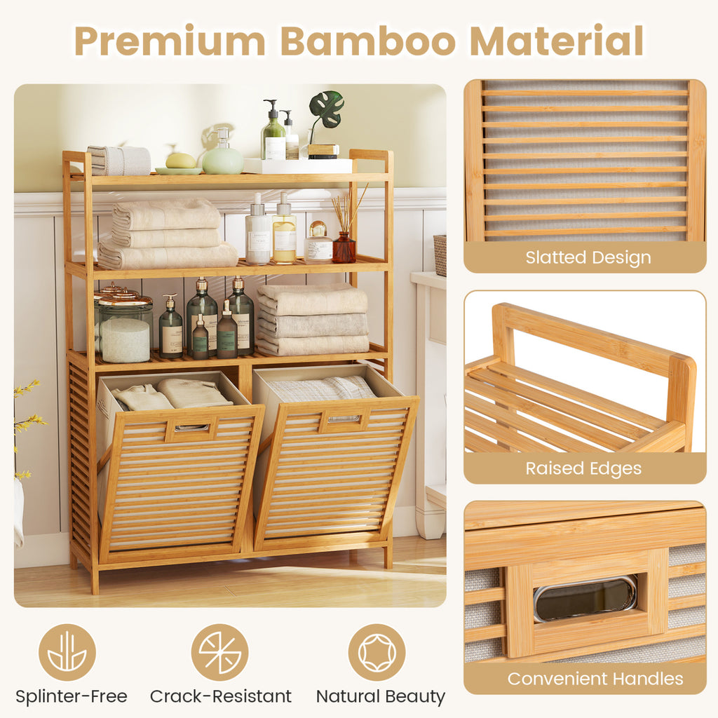 Double Tilt Out Laundry Hamper with 3 Shelves - Natural