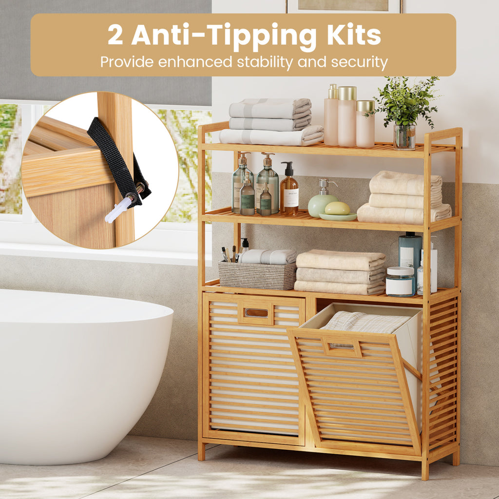 Double Tilt Out Laundry Hamper with 3 Shelves - Natural