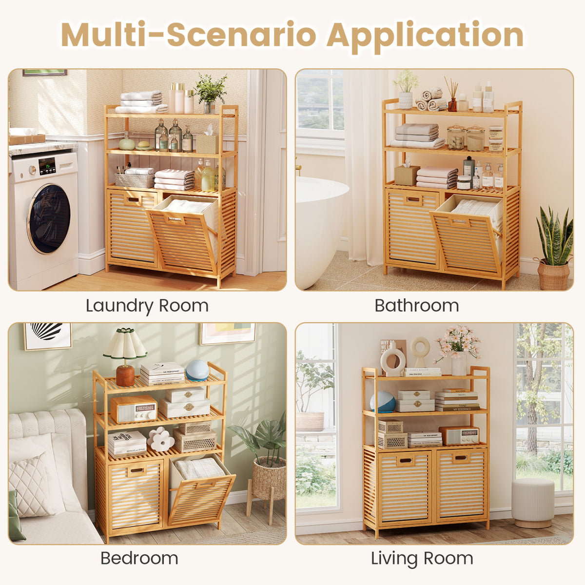 Double Tilt Out Laundry Hamper with 3 Shelves and 2 Removable Baskets