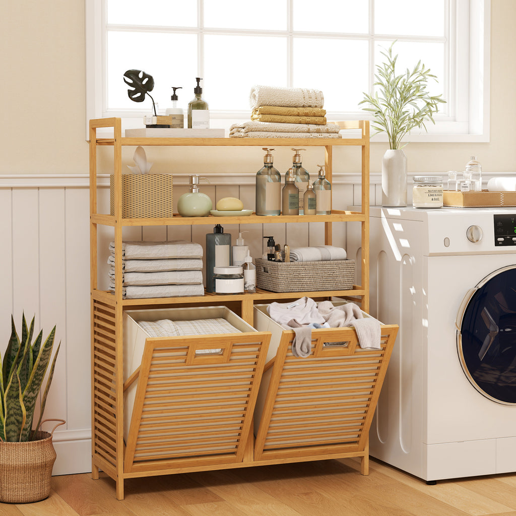 Double Tilt Out Laundry Hamper with 3 Shelves - Natural