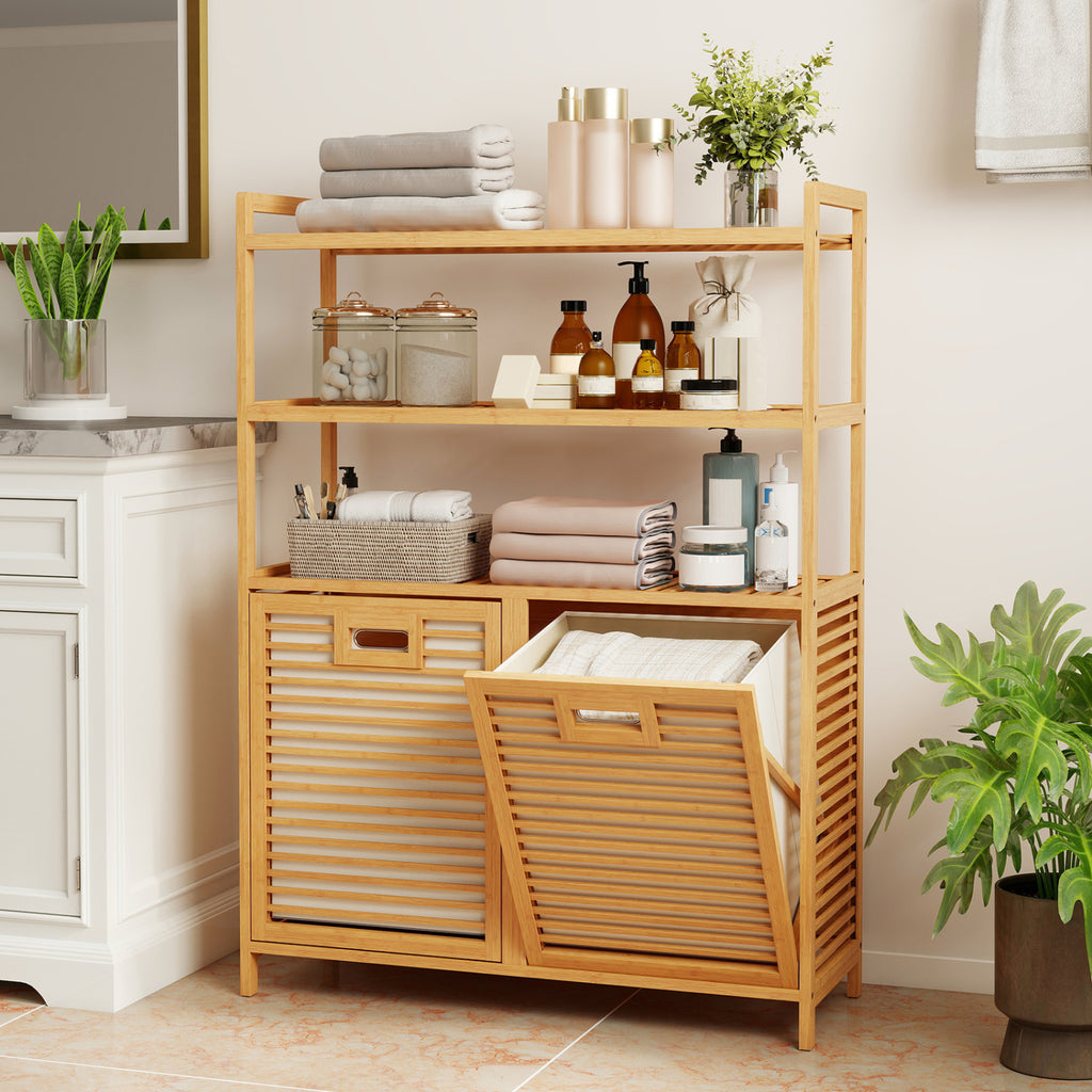 Double Tilt Out Laundry Hamper with 3 Shelves - Natural