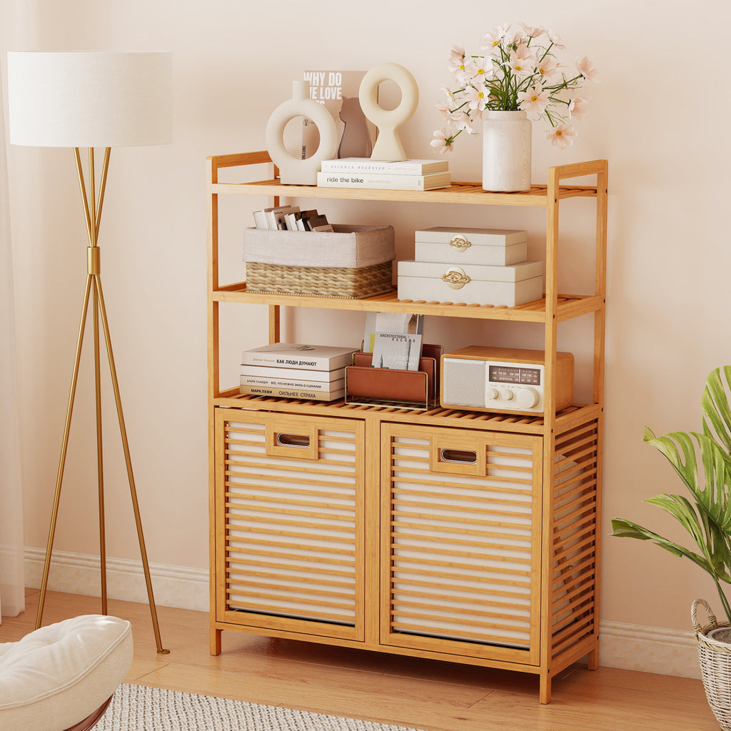 Double Tilt Out Laundry Hamper with 3 Shelves - Natural