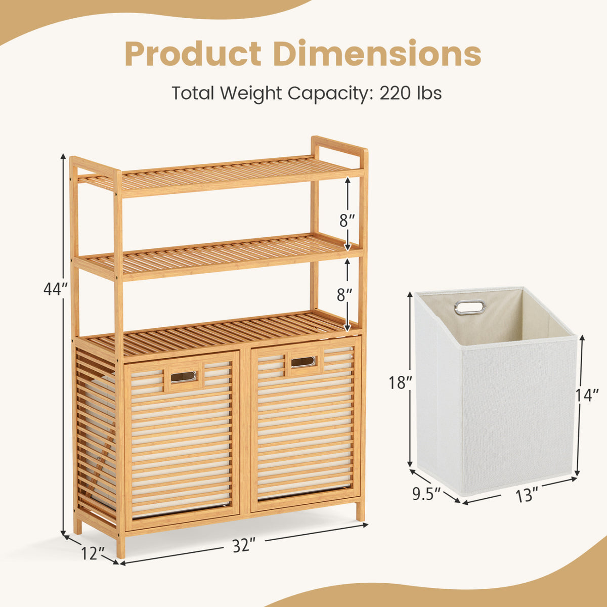 Double Tilt Out Laundry Hamper with 3 Shelves - Natural