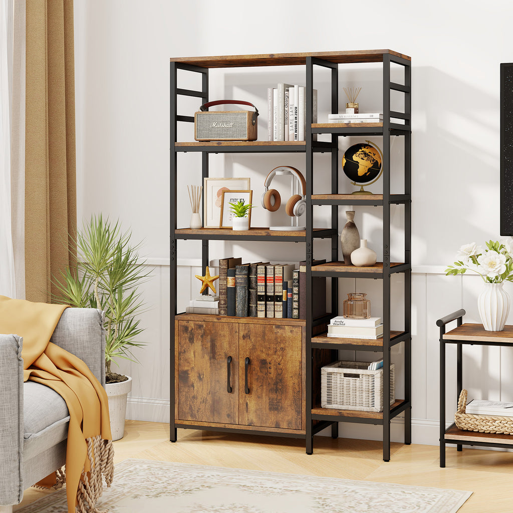 Double Wide 8-Tier Bookshelf with 2-Door Cabinet for Living Room Home