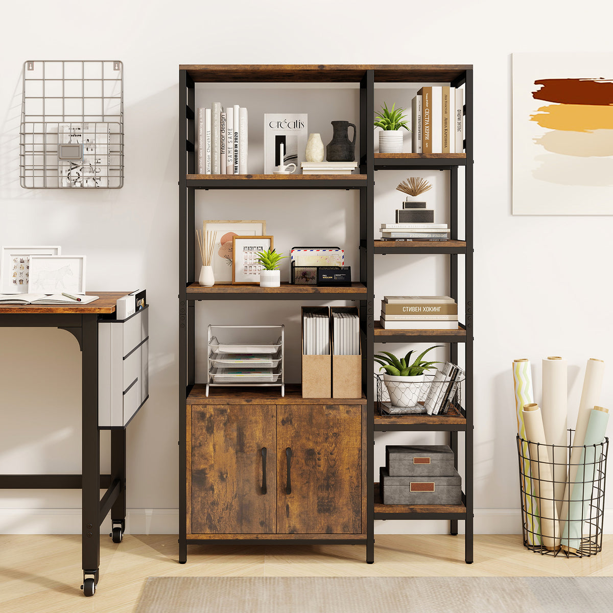 Double Wide 8-Tier Bookshelf with 2-Door Cabinet for Living Room Home