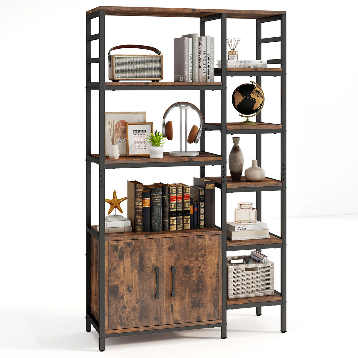 Double Wide 8-Tier Bookshelf with 2-Door Cabinet for Living Room Home