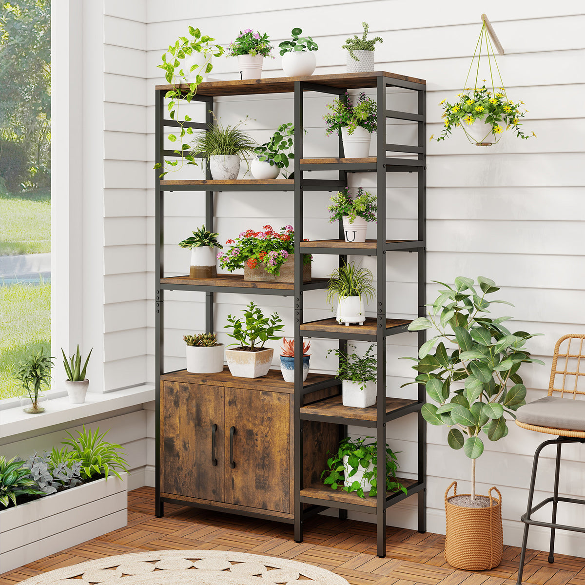 Double Wide 8-Tier Bookshelf with 2-Door Cabinet for Living Room Home