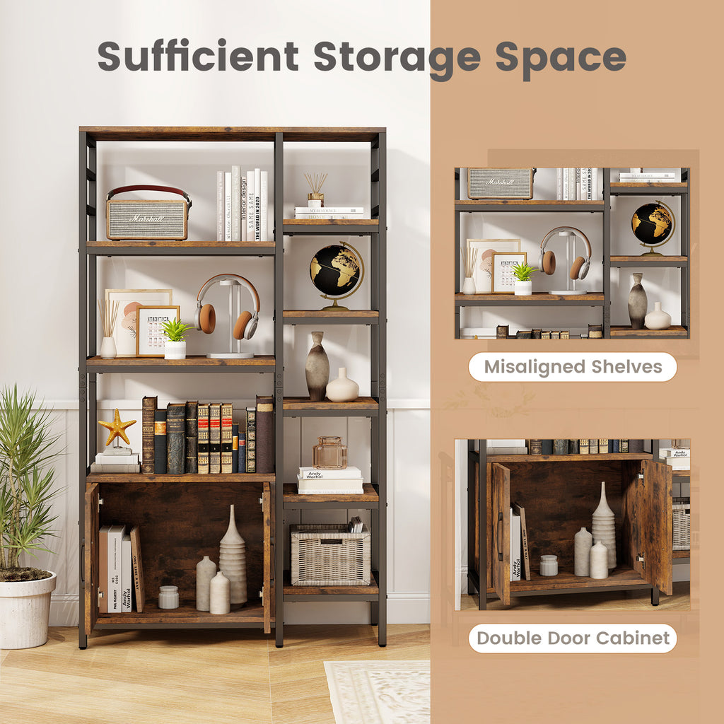 Double Wide 8-Tier Bookshelf with 2-Door Cabinet for Living Room Home