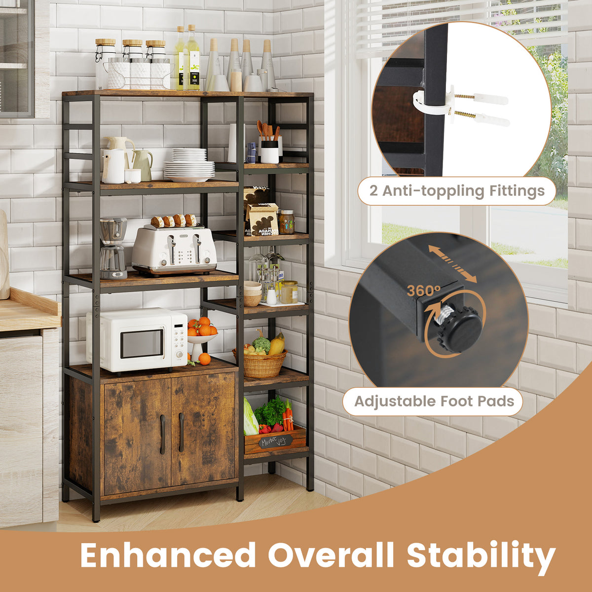 Double Wide 8-Tier Bookshelf with 2-Door Cabinet for Living Room Home