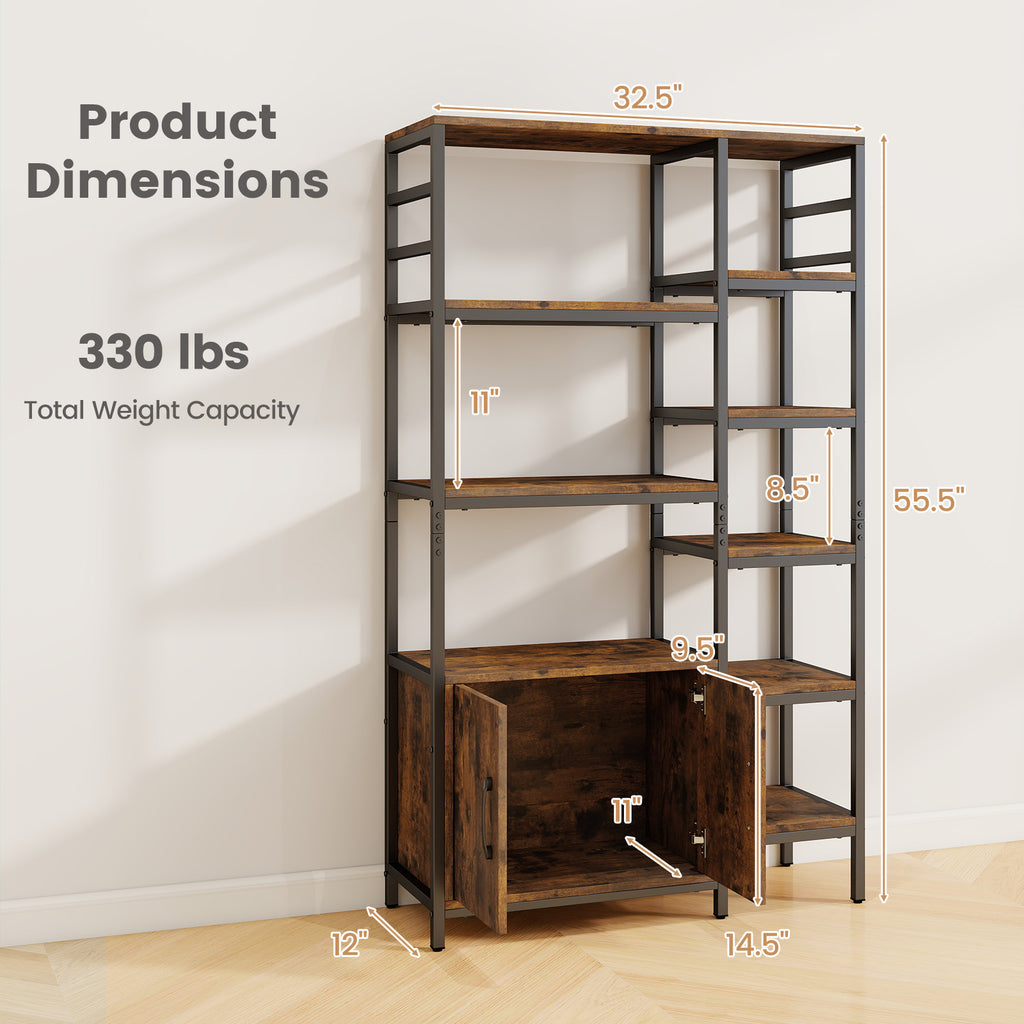 Double Wide 8-Tier Bookshelf with 2-Door Cabinet for Living Room Home