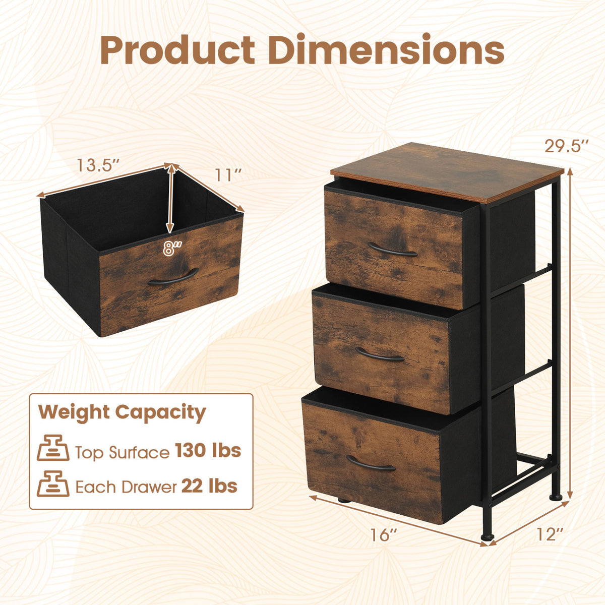 3-Drawer Fabric Dresser with Metal Frame - Brown