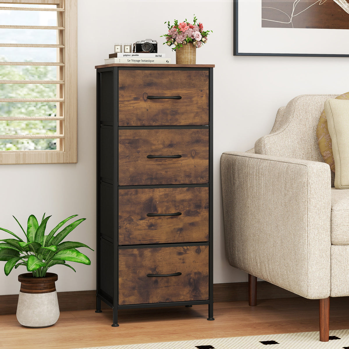 Dresser Nightstand with 4 Fabric Drawers, Rustic Brown