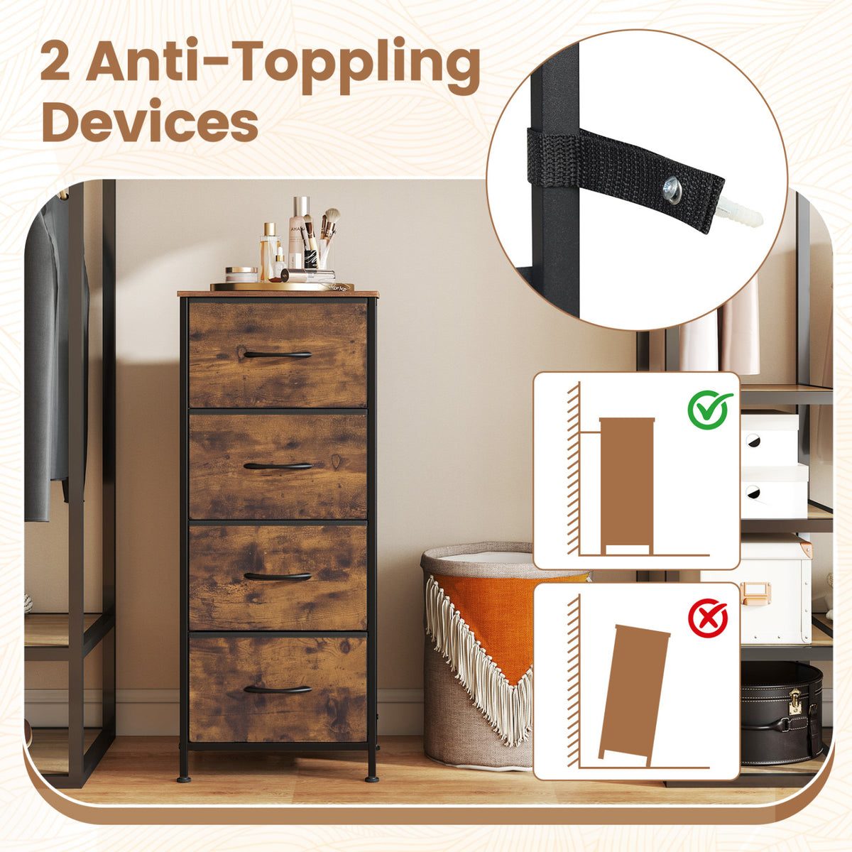 Dresser Nightstand with 4 Fabric Drawers, Rustic Brown