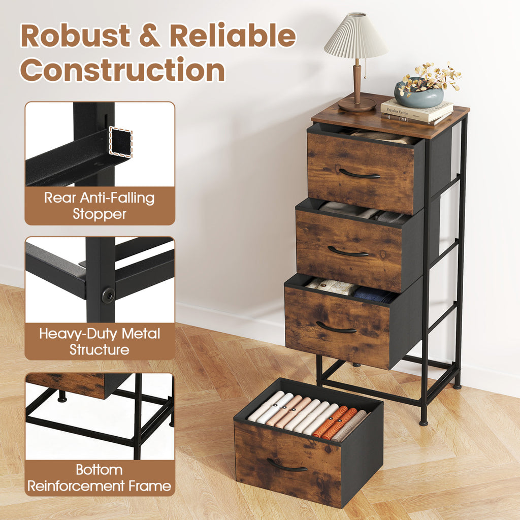 Dresser Nightstand with 4 Fabric Drawers, Rustic Brown