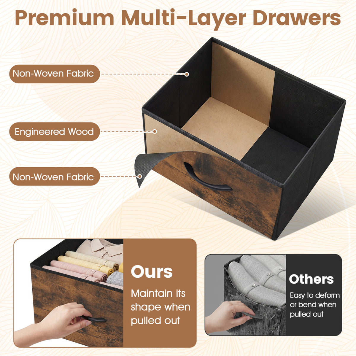 Dresser Nightstand with 4 Fabric Drawers, Rustic Brown