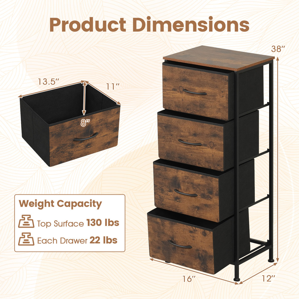 Dresser Nightstand with 4 Fabric Drawers, Rustic Brown