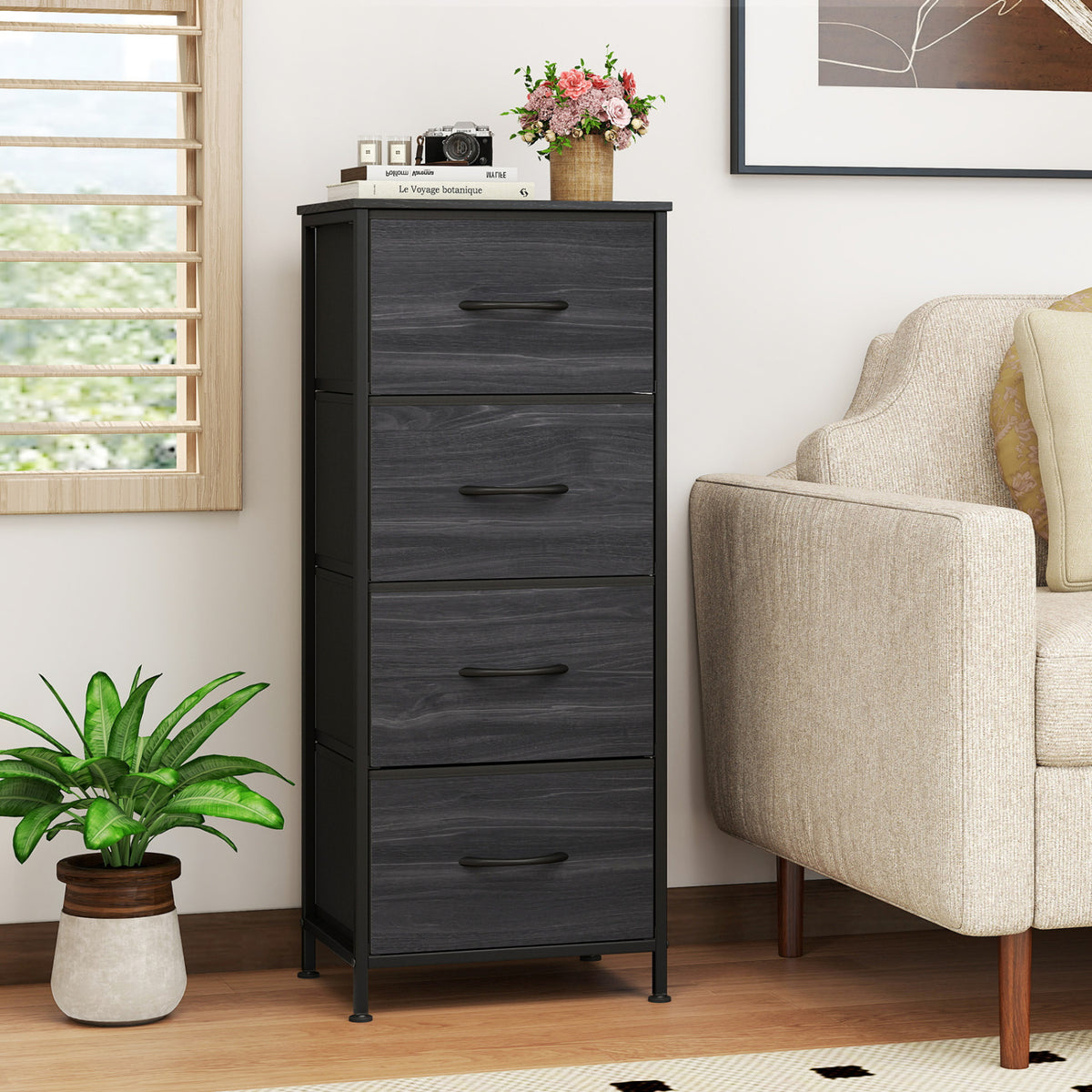 4-Drawer Dresser Nightstand with Fabric Drawers - Black Wood Grain