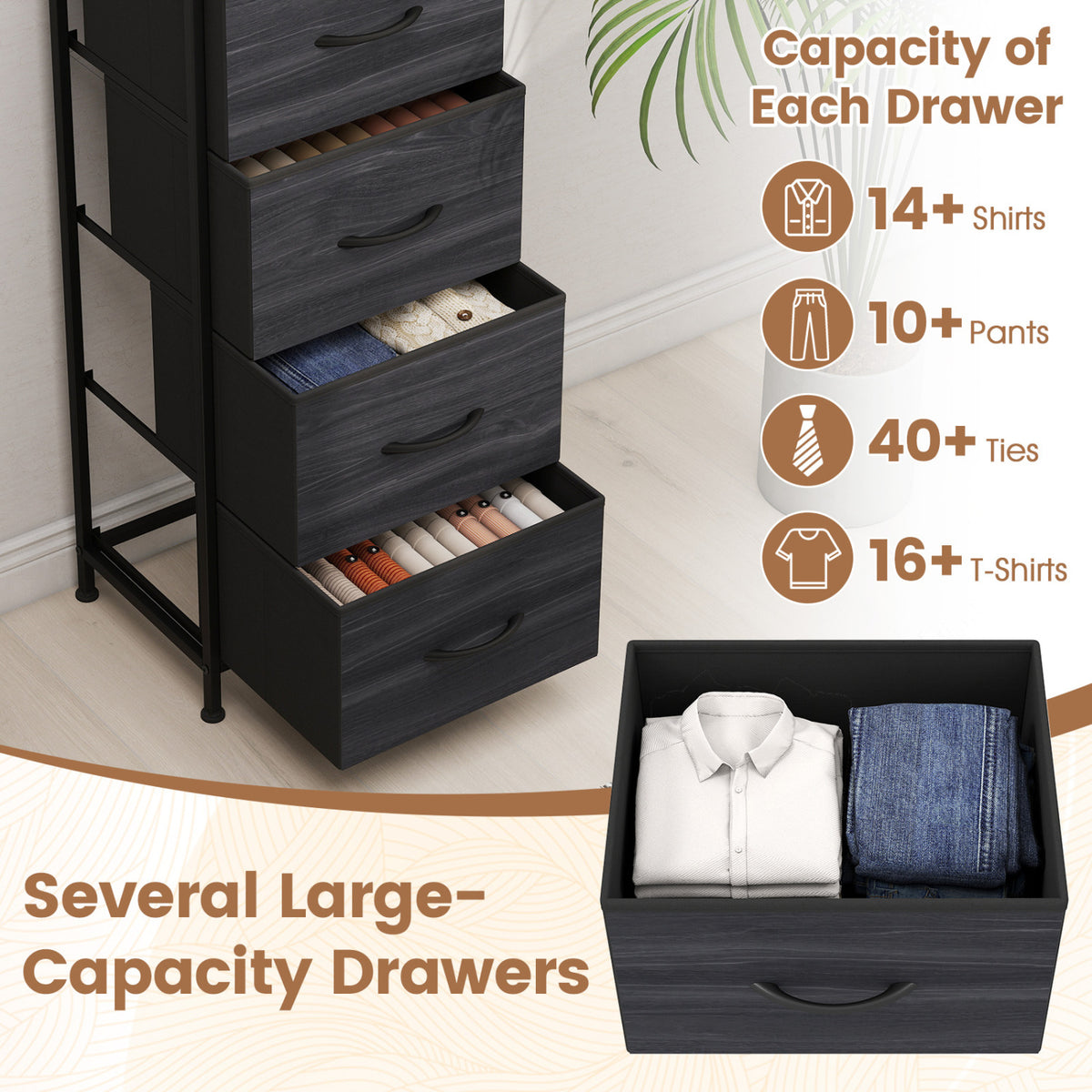 4-Drawer Dresser Nightstand with Fabric Drawers - Black Wood Grain