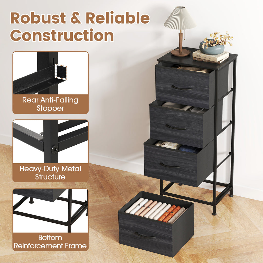 4-Drawer Dresser Nightstand with Fabric Drawers - Black Wood Grain