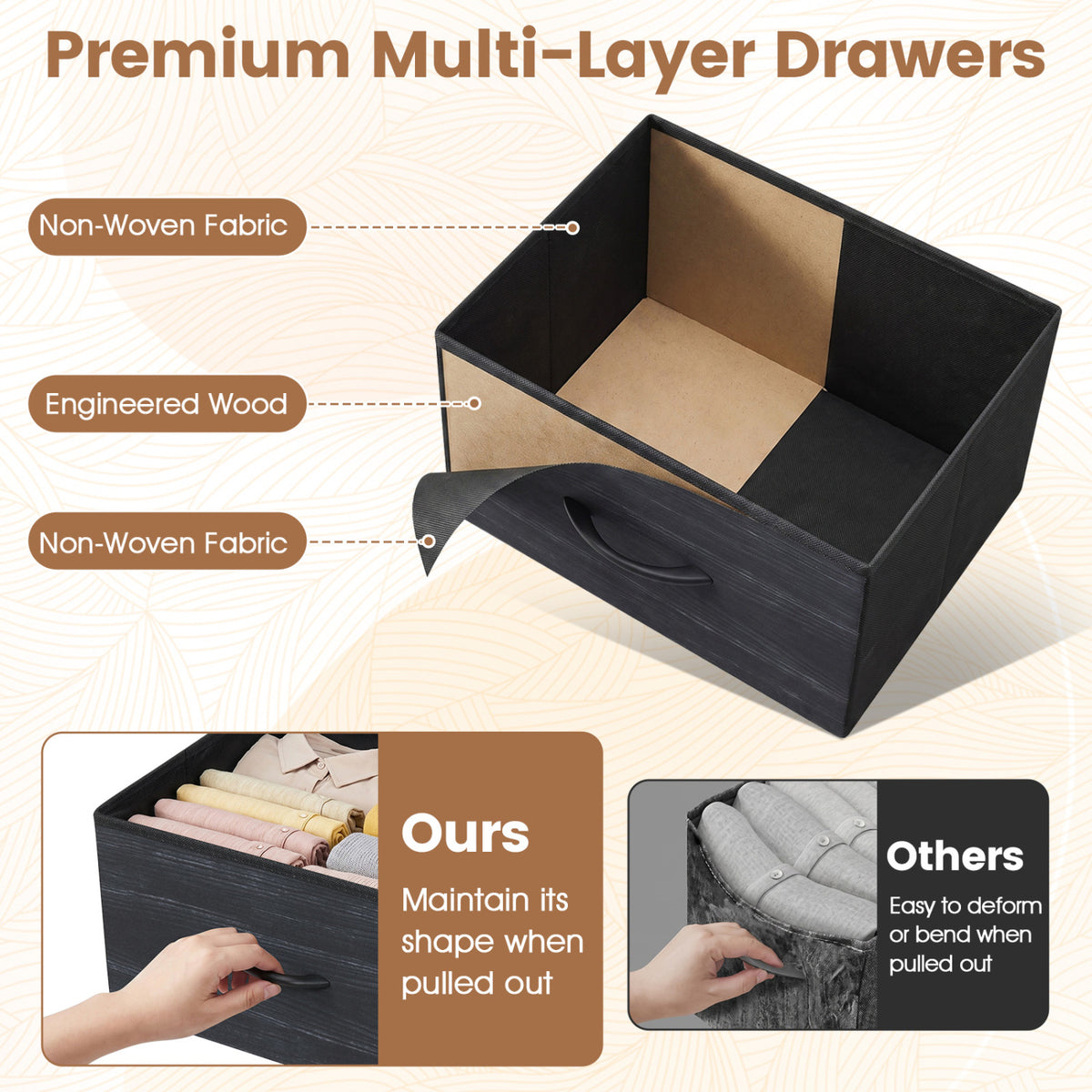 4-Drawer Dresser Nightstand with Fabric Drawers - Black Wood Grain