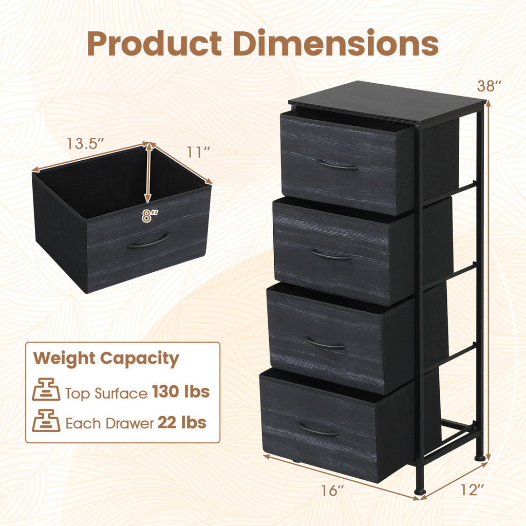4-Drawer Dresser Nightstand with Fabric Drawers - Black Wood Grain
