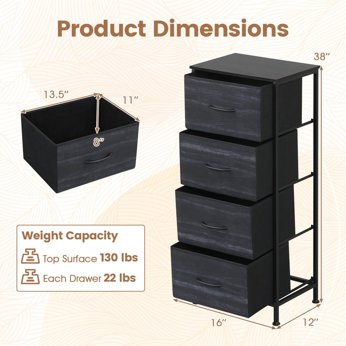 4-Drawer Dresser Nightstand with Fabric Drawers - Black Wood Grain
