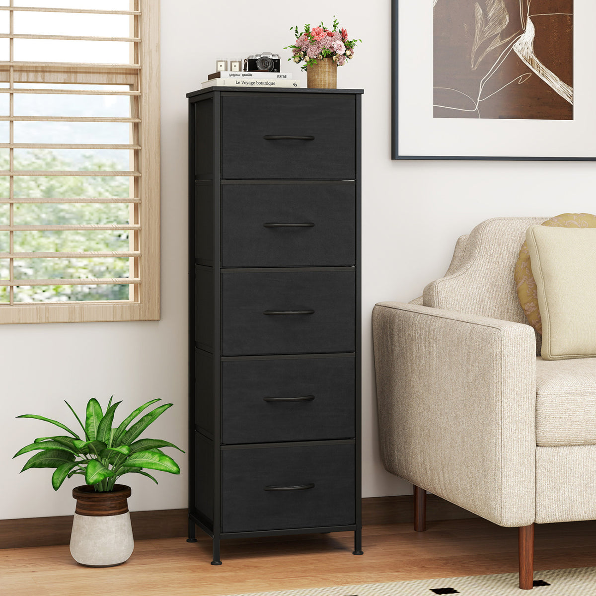 5 Drawer Fabric Dresser Nightstand - Black