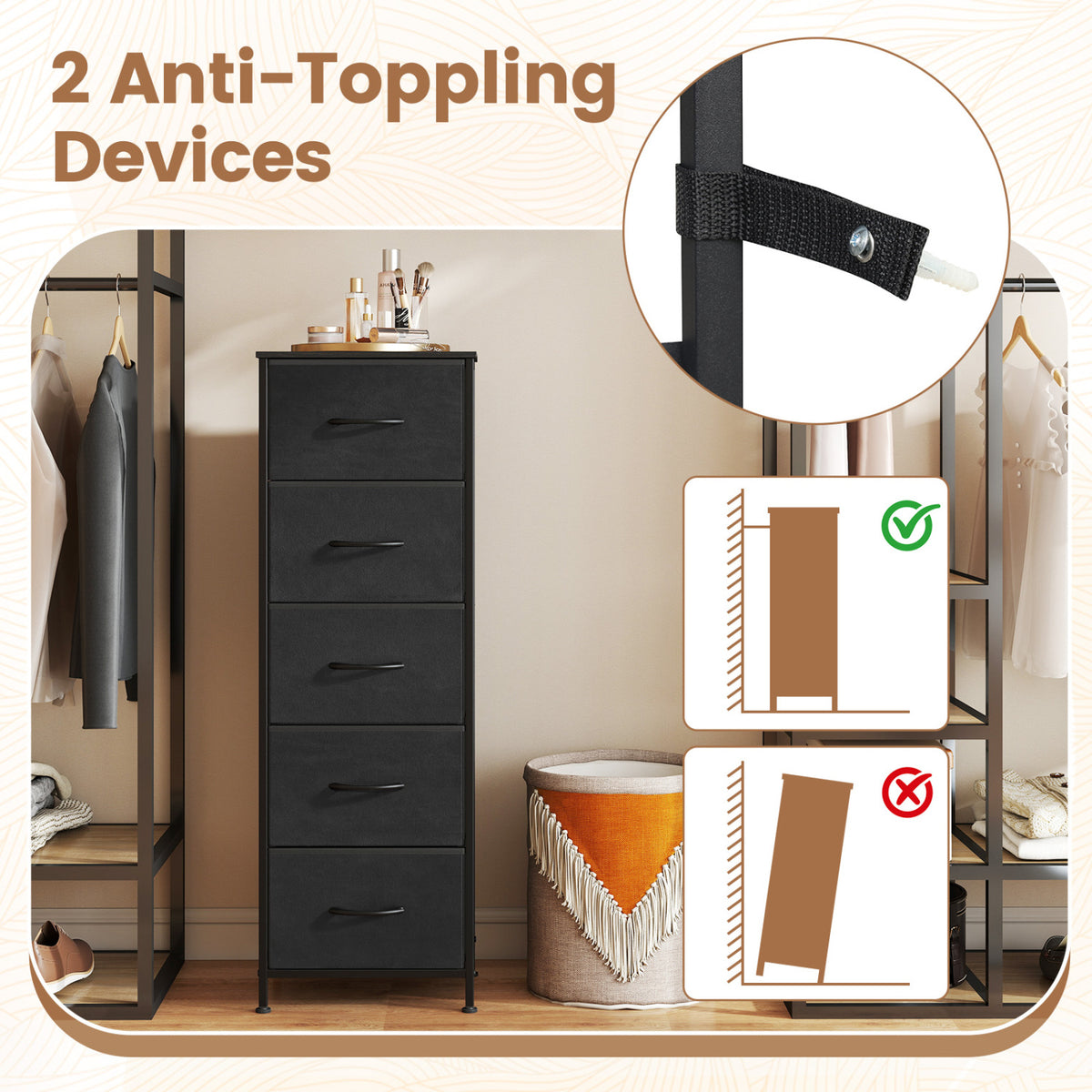 5 Drawer Fabric Dresser Nightstand - Black