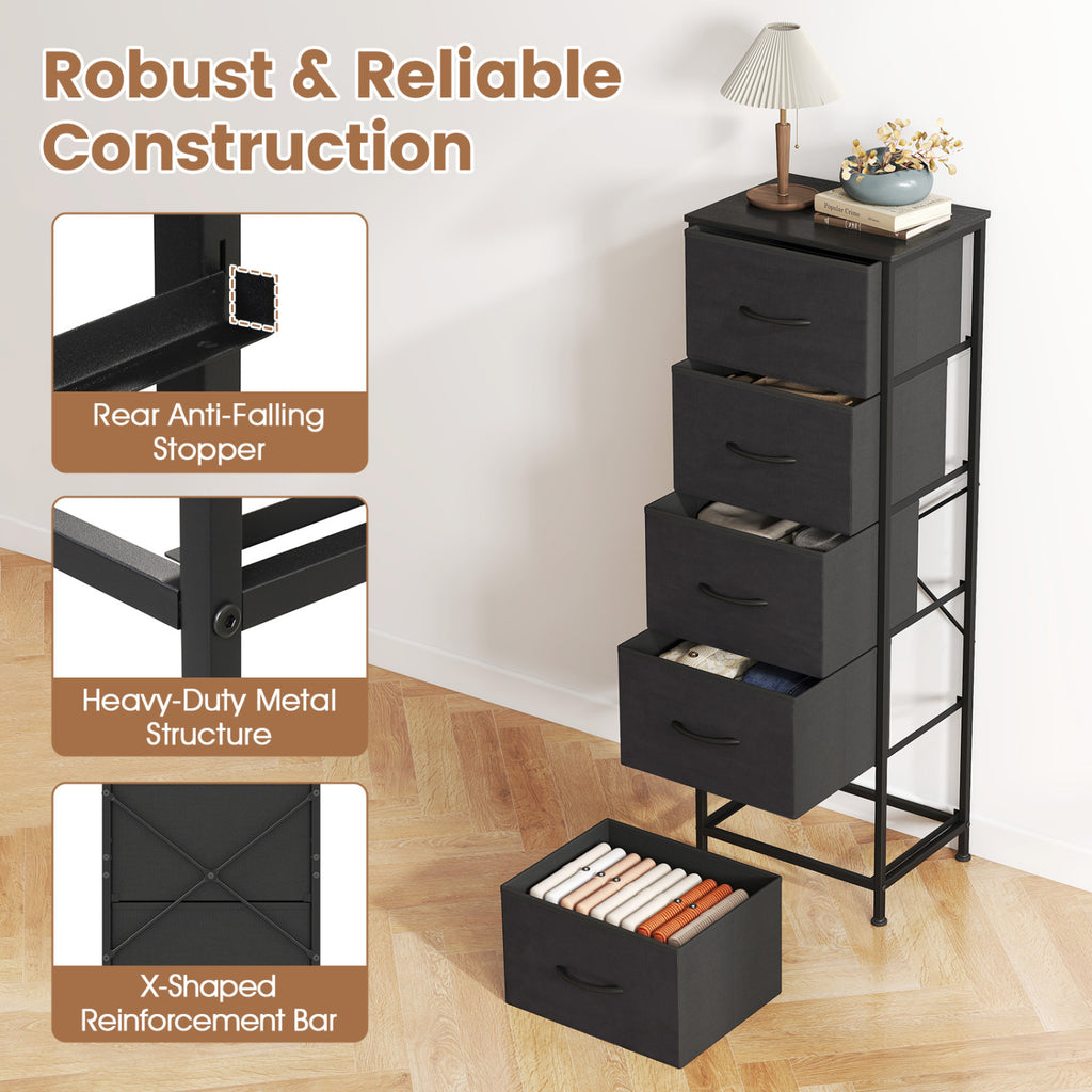 5 Drawer Fabric Dresser Nightstand - Black