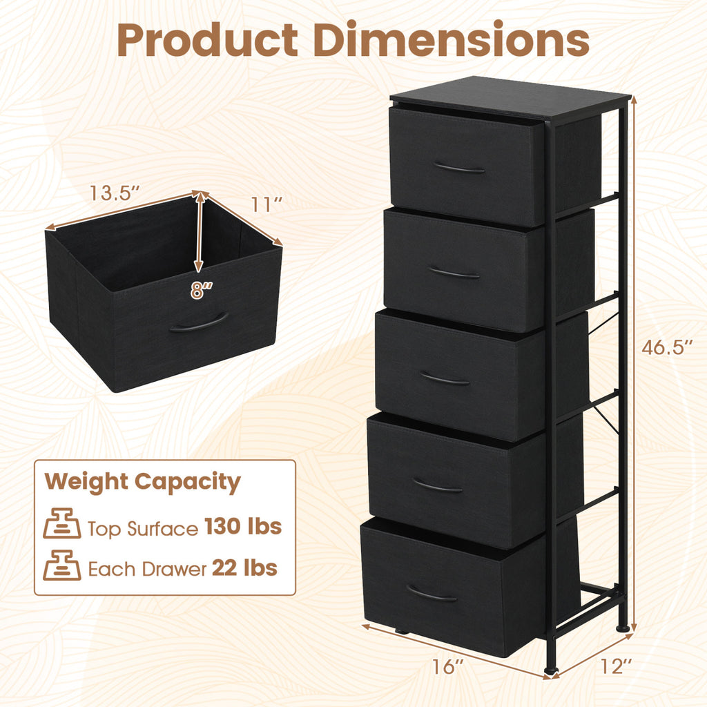5 Drawer Fabric Dresser Nightstand - Black