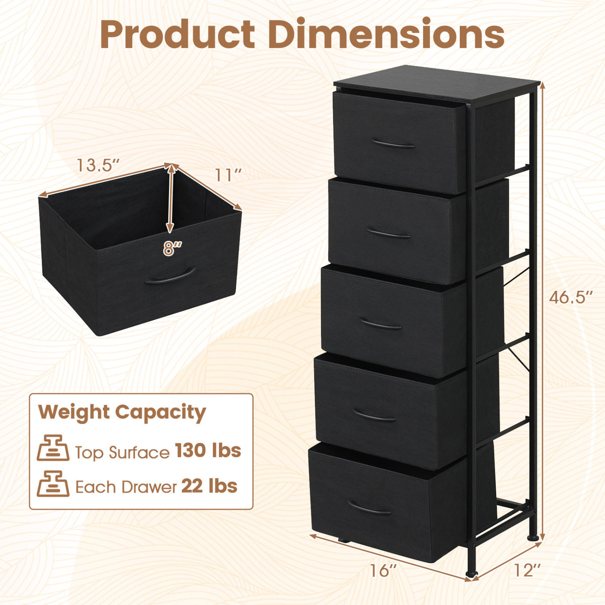 5 Drawer Fabric Dresser Nightstand - Black