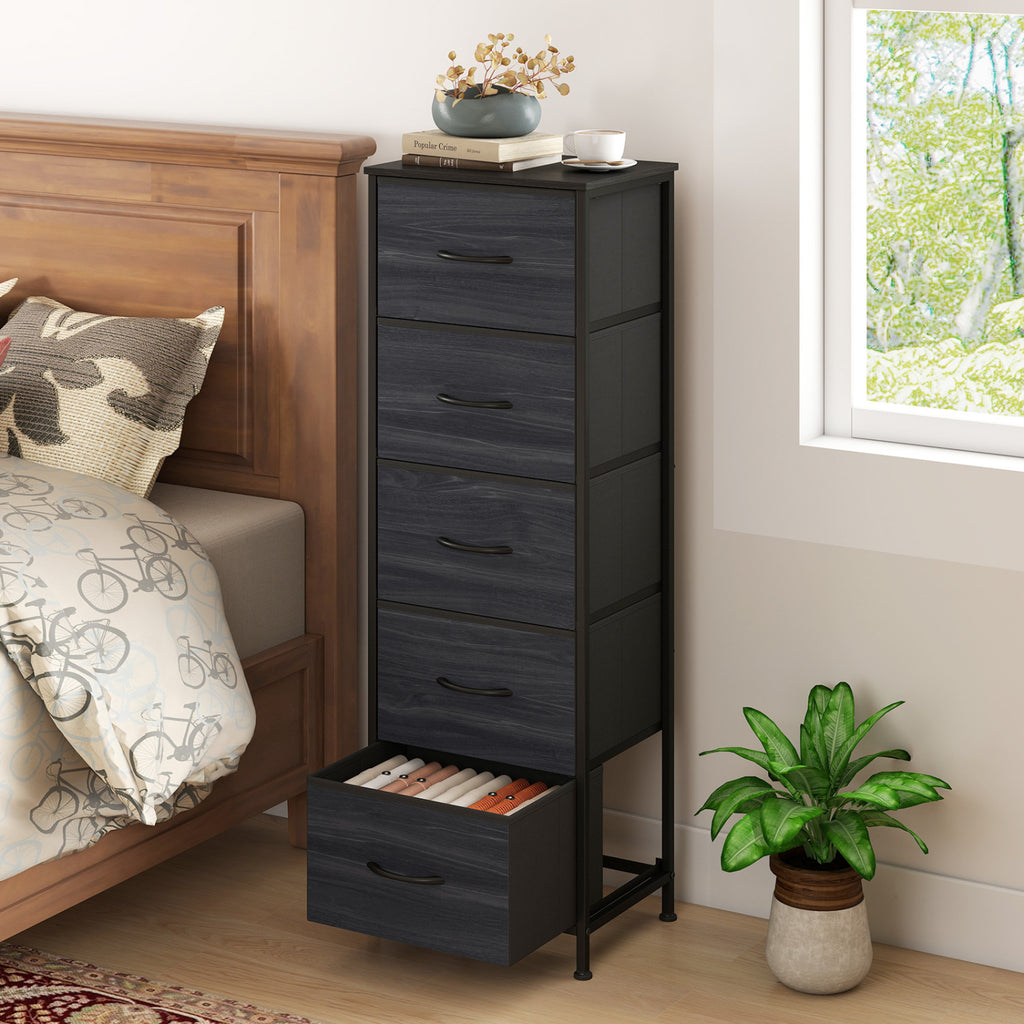 Dresser Nightstand with 5 Fabric Drawers, Black Wood Grain