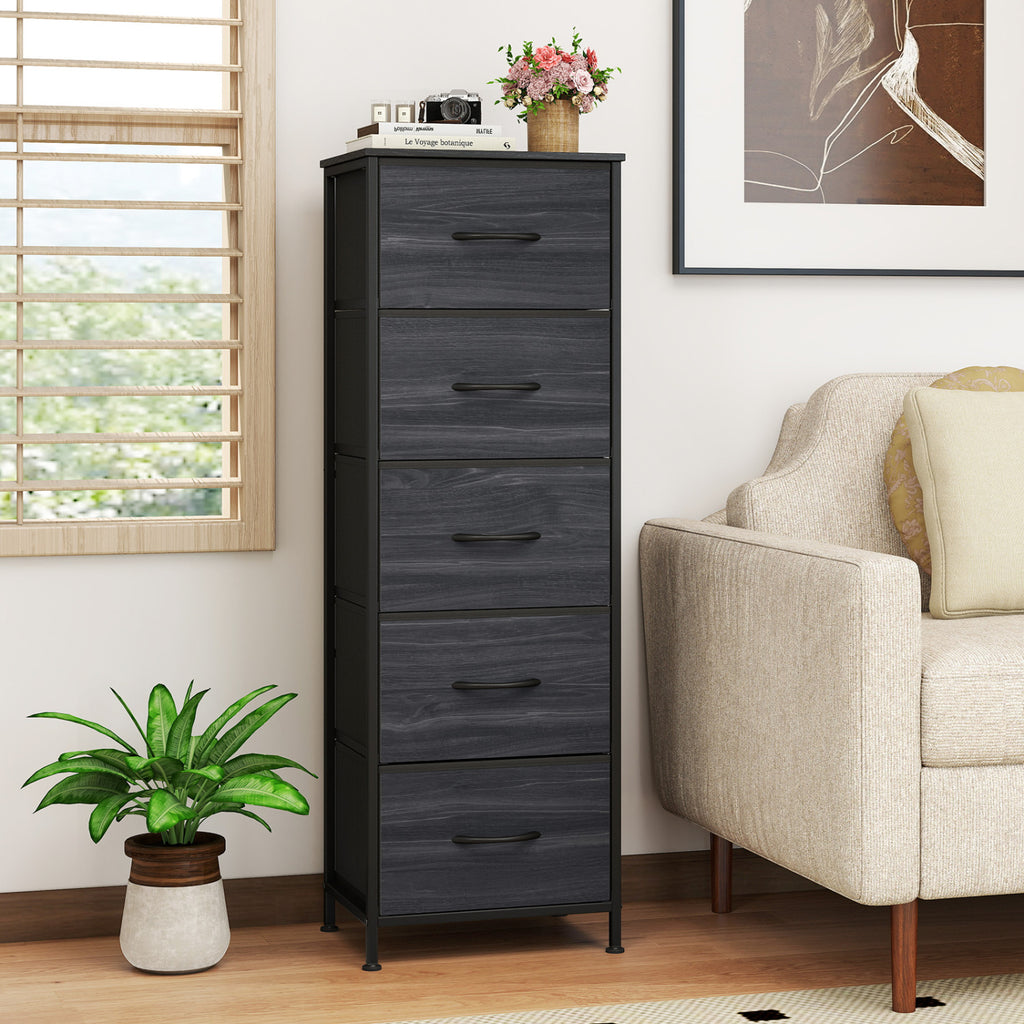 Dresser Nightstand with 5 Fabric Drawers, Black Wood Grain