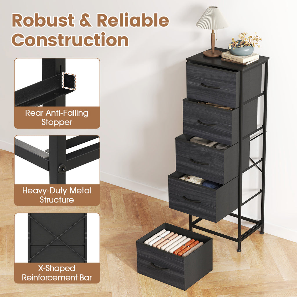 Dresser Nightstand with 5 Fabric Drawers, Black Wood Grain