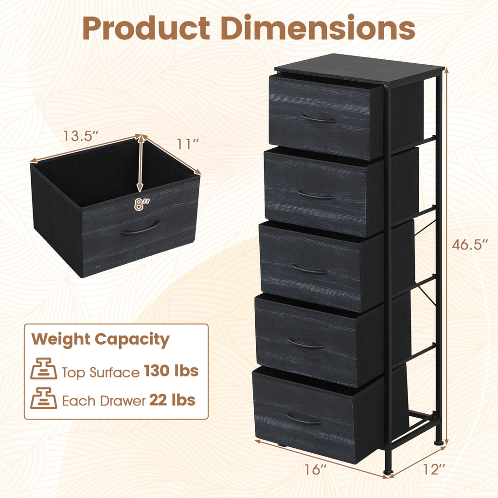 Dresser Nightstand with 5 Fabric Drawers, Black Wood Grain
