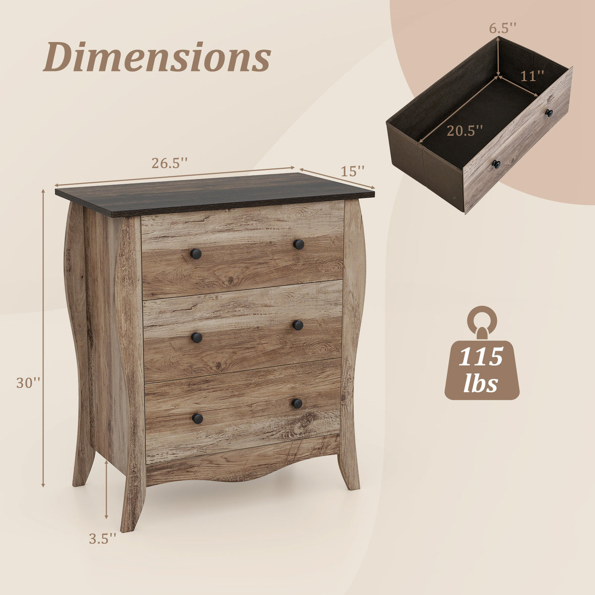 Bedroom Dresser with 3 Fabric Drawers & Anti-Tipping Kit - Brown