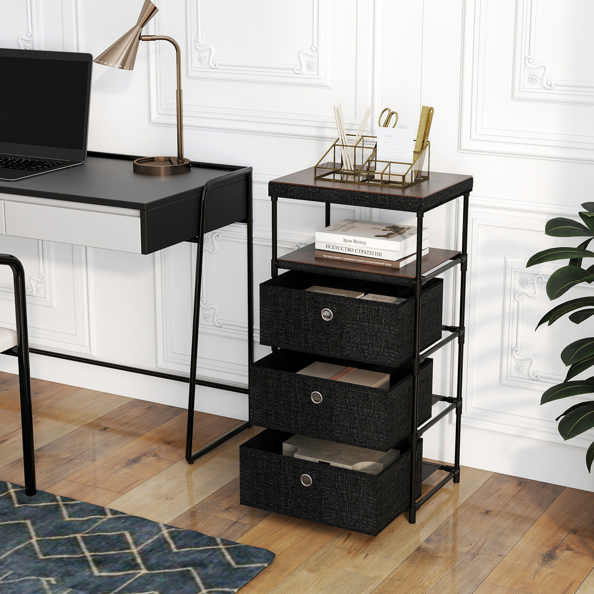 Fabric Storage Tower Dresser with 3 Drawers, Metal Frame - Medium