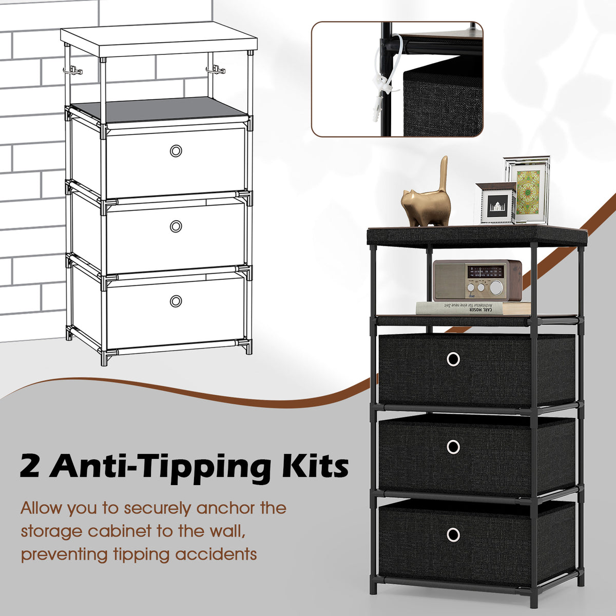 Fabric Storage Tower Dresser with 3 Drawers, Metal Frame - Medium