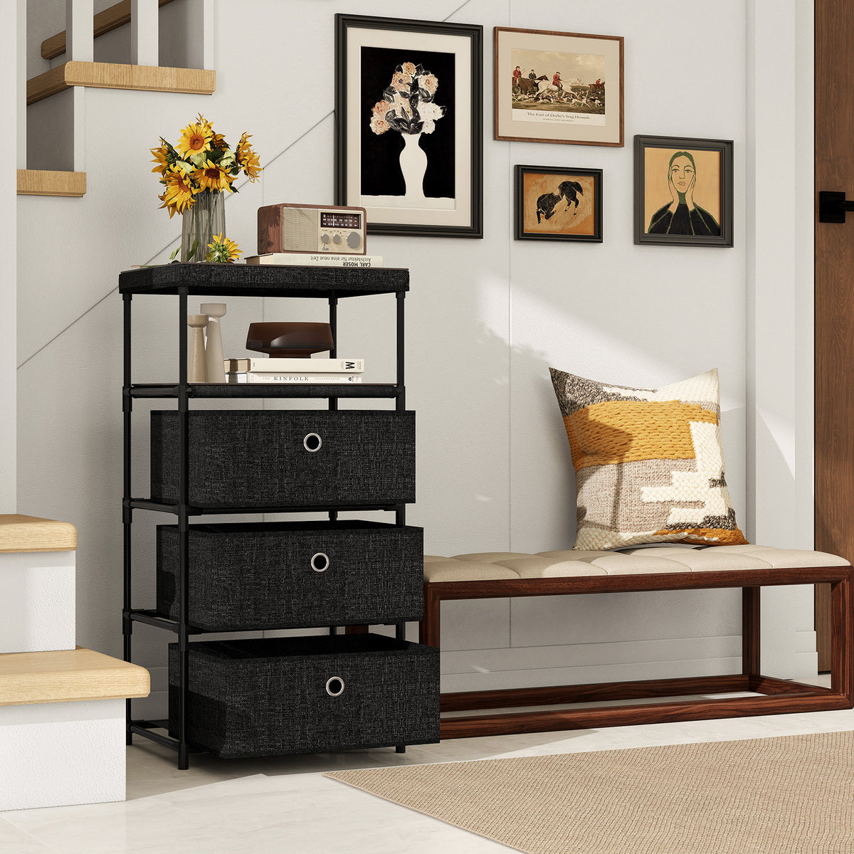 Fabric Storage Tower Dresser with 3 Drawers, Metal Frame - Medium