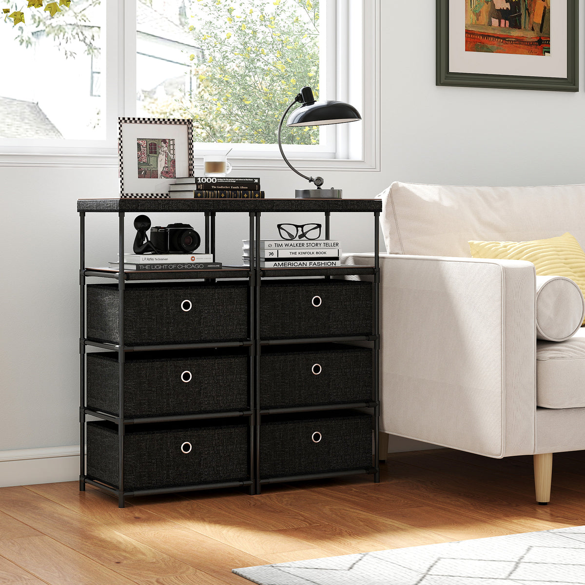 Fabric Storage Tower Dresser with 3 Drawers, Metal Frame - Medium
