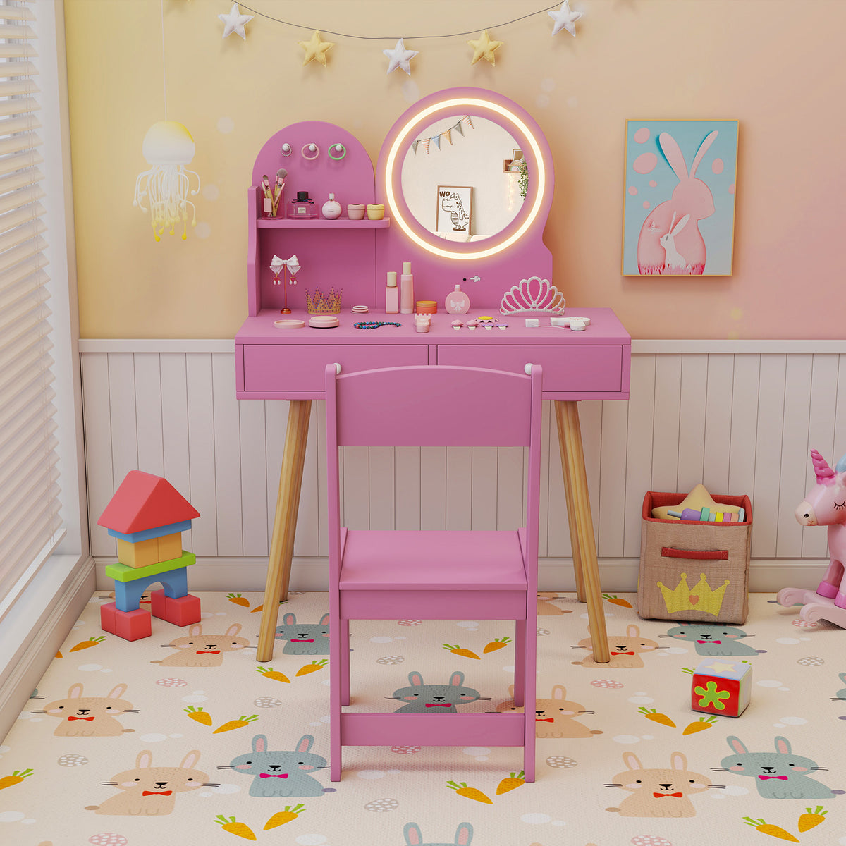 Kids Princess Makeup Dressing Desk and Chair Set with Mirror Lights - Pink