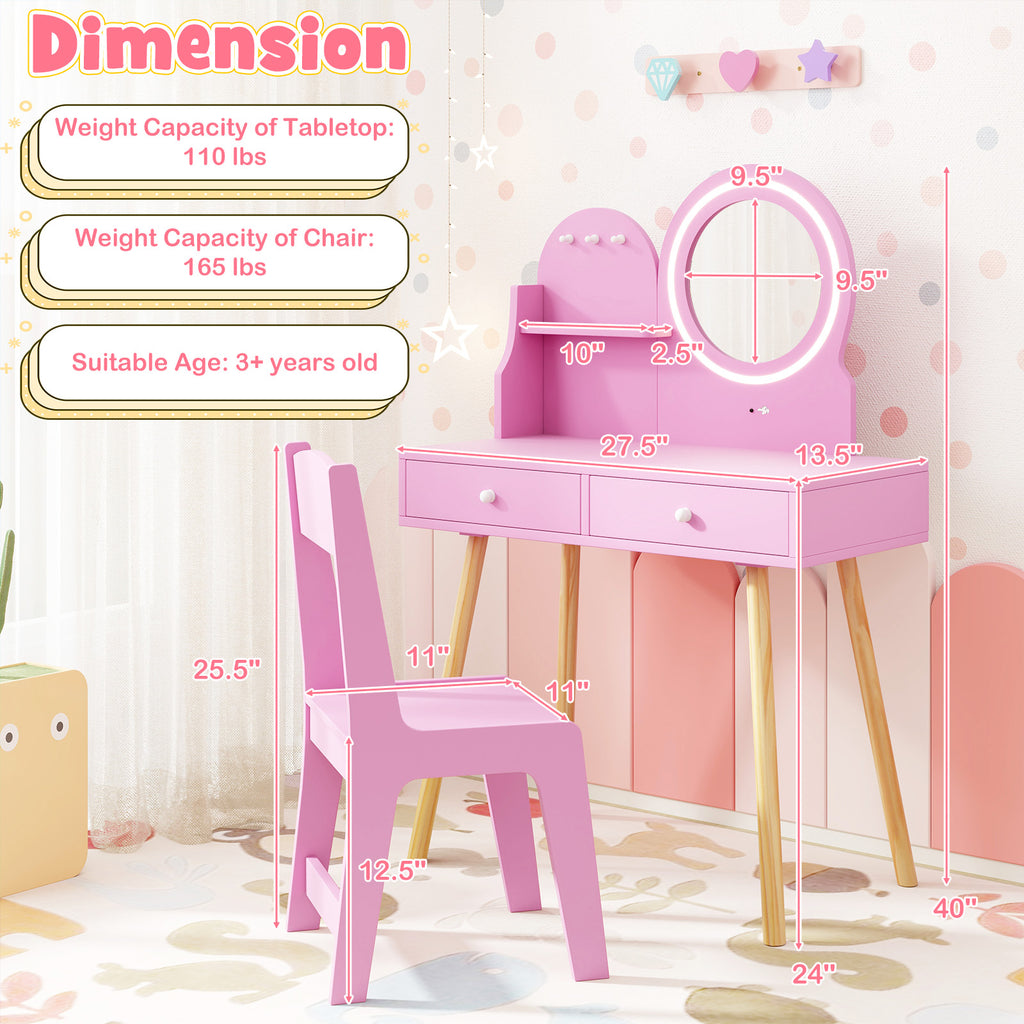 Kids Princess Makeup Dressing Desk and Chair Set with Mirror Lights - Pink