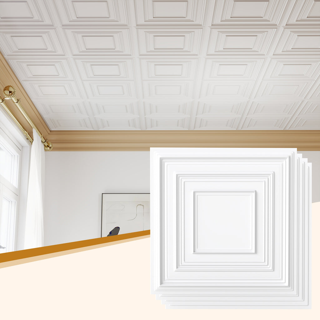 White PVC Drop Ceiling Tiles 24x24 Inches 3D Patterned Wall & Ceiling Panels - 12 Pack