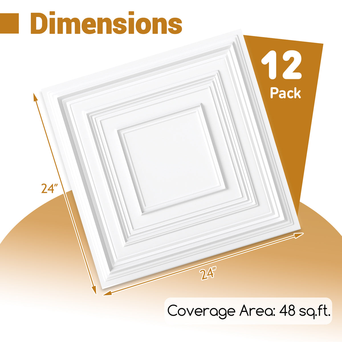 White PVC Drop Ceiling Tiles 24x24 Inches 3D Patterned Wall & Ceiling Panels - 12 Pack