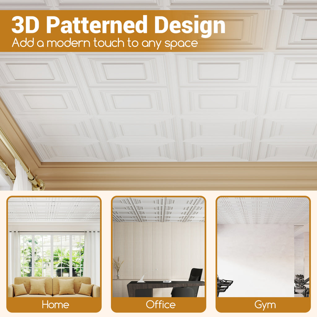 White PVC Drop Ceiling Tiles 24 x 24 Inches 3D Pattern 24-Pack - Versatile Wall and Ceiling Panels