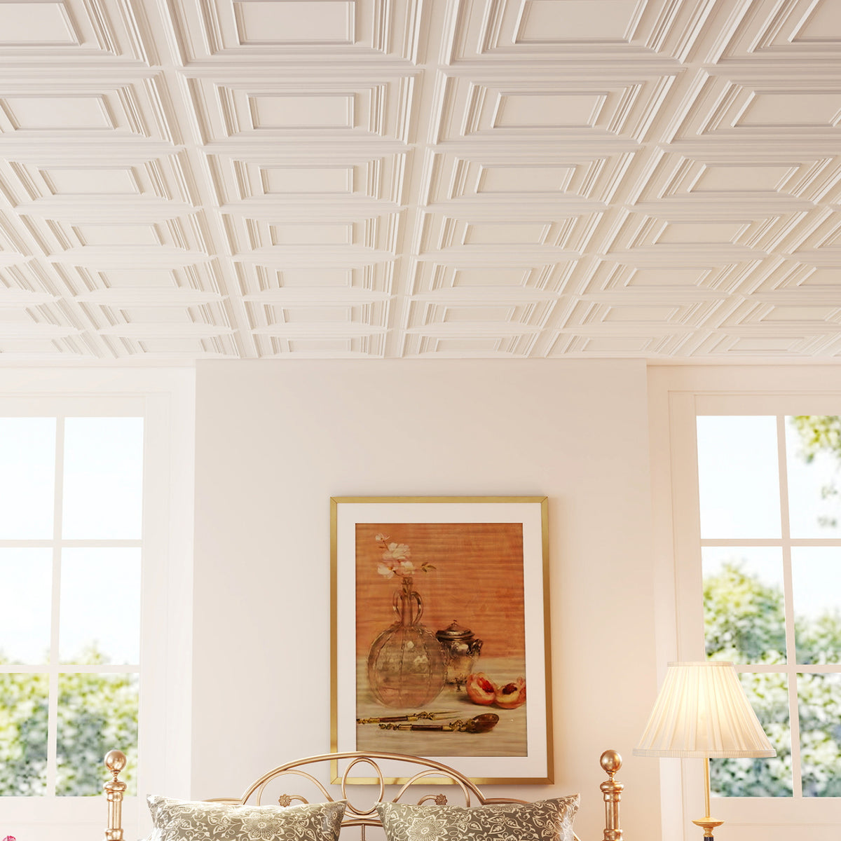 White PVC Drop Ceiling Tiles 24 x 24 Inches 3D Pattern 24-Pack - Versatile Wall and Ceiling Panels
